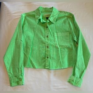 Green Cropped Button Down Shirt XS Long Sleeve Pocket Top